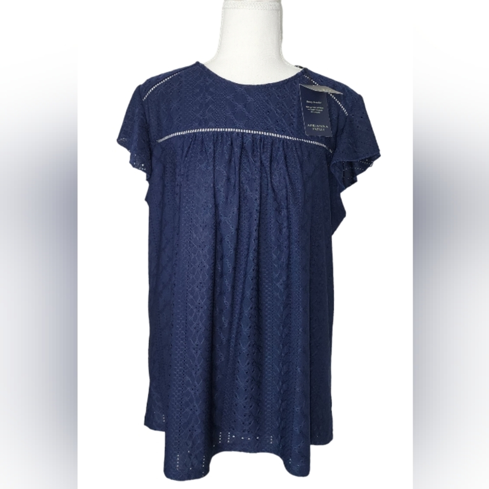 Adrianna Papell Women's Size L Blue Knit Eyelete Yoke Detail Top